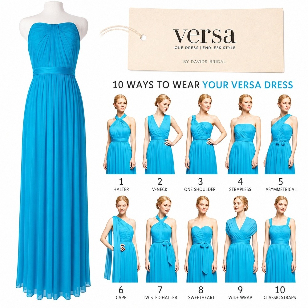 David's Bridal Versa Dress 6 Pacific Blue Convertible Bridesmaid Wedding NWT